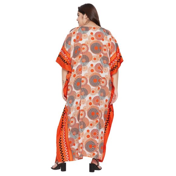 Women Plus Size Fit and Flare Floral Printed Orange Kaftan Dress by Gypsie Blu - Picture 7 of 9